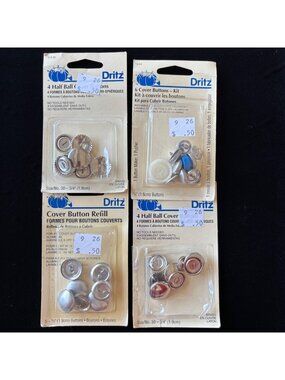 Vintage Dritz Cover Button Kits Lot 4 Refills Half Ball Aluminum Brass NOS DIY